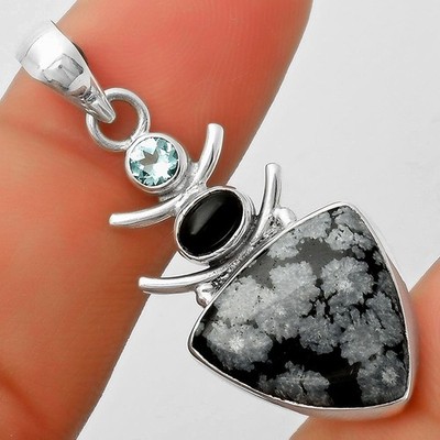 Snow Flake Obsidian, Black Onyx & Sky Blue Topaz 925 Silver Pendant P-1593