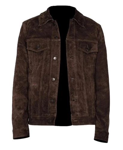Men's Brown Suede Leather Trucker Jacket Vintage Western Button Up Coat - product listing photo