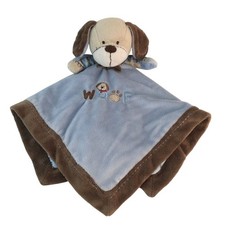 Carters Puppy Dog Lovey 16" Security Blanket Blue Brown Woof Satin Back Rattle