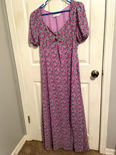 ASTR The Label Purple Pink Blue Floral Chiffon V-Neck Puff Sleeve Maxi Dress XL