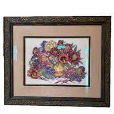 Vintage Large Completed Matted Floral Fruit Needlepoint Framed Wall Art 32x27