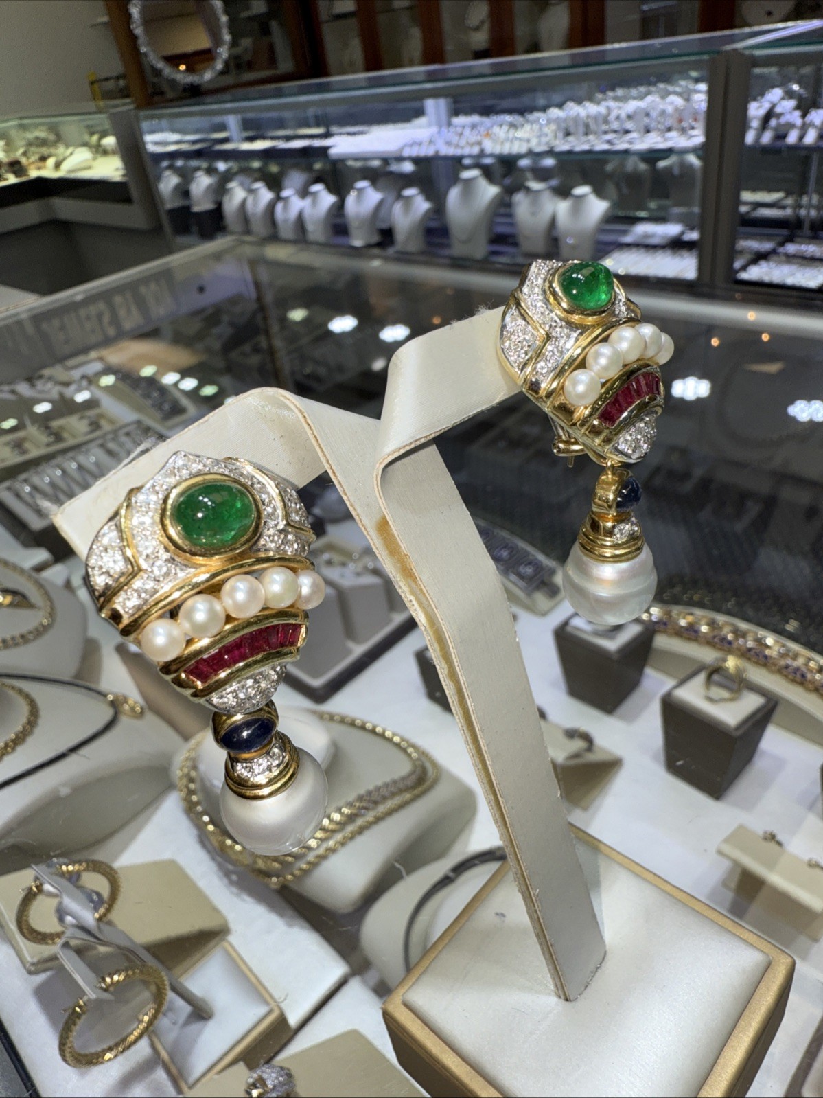 18kt gold emerald ruby sapphire earrings with south sea pearls