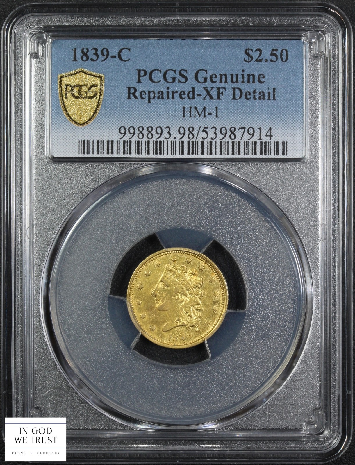 1839 C Charlotte HM-1 $2.50 Classic Head Gold Quarter Eagle PCGS XF Detail