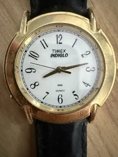 Vintage Timex Mens Watch Indiglo 33mm Gold Tone Black Leather Band Needs Battery