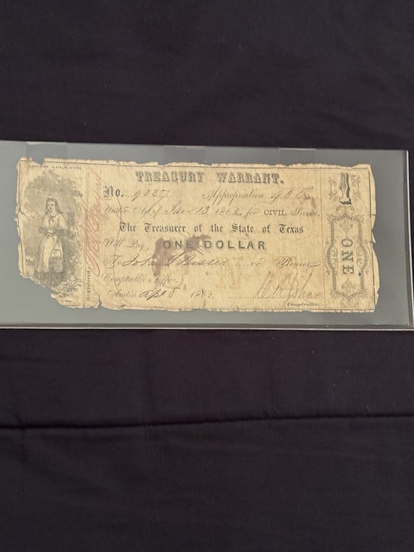 1862 Texas Treasury Warrant One Dollar Note Civil Service  Damaged