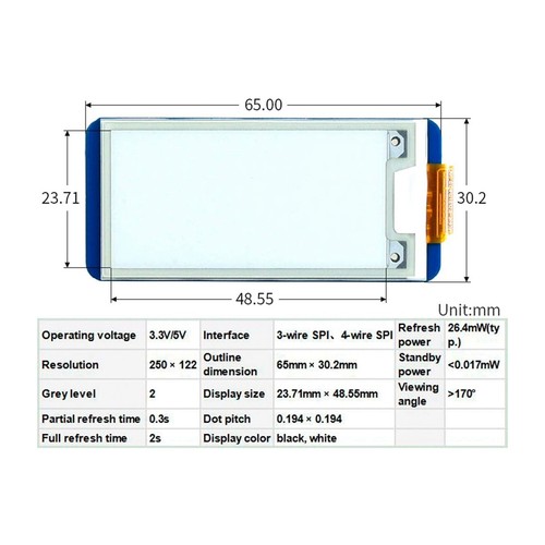2,13 E-Ink Display HAT, Schwarz, Zweifarbiger 250 X 122 Pixel E-6475 - Bild 5 von 7
