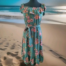Teal Dress M Pink Floral Off Shoulder Tiers Peasant Flutter Resort Aloha Belt