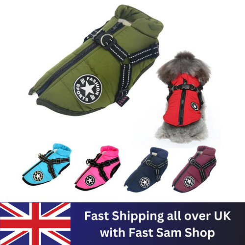 Dog Coat Waterproof With Harness Jacket Raincoat Winter Zip Coats Pet Hole Warm