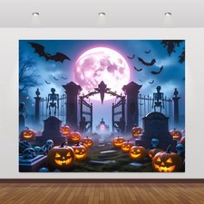 Halloween Backdrop Blood Moon Witch Cauldron Pumpkin Horror Props 10x8FT