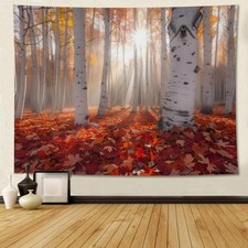 Misty Forest Tapestry Wall Hanging Autumn Maple Leaves Sunny, 40 x 60 Inch