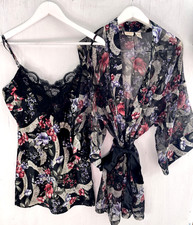 Victorias Secret Vtg Gold Label Black Floral Night Gown Robe 2Piece Set Size M