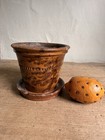 Antique Redware Flower Pot Attached Saucer Decorated Manganese Garden Country — photo 3