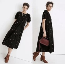 Madewell Cattail Black Puff Sleeve Midi Dress Cotton Boho Beachy Coastal Size S