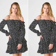 Karl Lagerfeld Paris Black & White Print Dress Cold Shoulder Ruffles Size 10