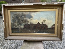 19 Th Century Farmyard Scene Original Folk Art Oil On Canvas In Original Frame