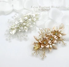 Embossed Metal Flower Wedding Hairclip, Floral Bridal Hair Clip, Silver or Gold
