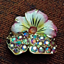 Flower Silver-Tone Enamelled Brooch Pin with Clear Rhinestones, Prong Set