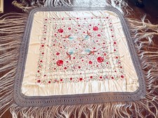 A stunning large vintage embroidered silk piano scarf/shawl hand knotted fringe