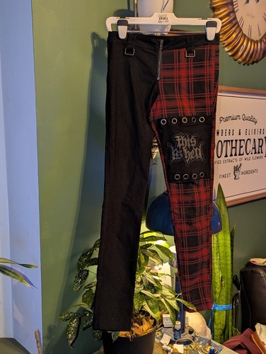 KILLSTAR Gothic Pants Red & Black Plaid Zippers This Is Hell Adult Small Stretch - Picture 2 of 13