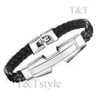 UNIQUE TT 316L Stainless Steel ID Black Leather Bracelet NEW QB07