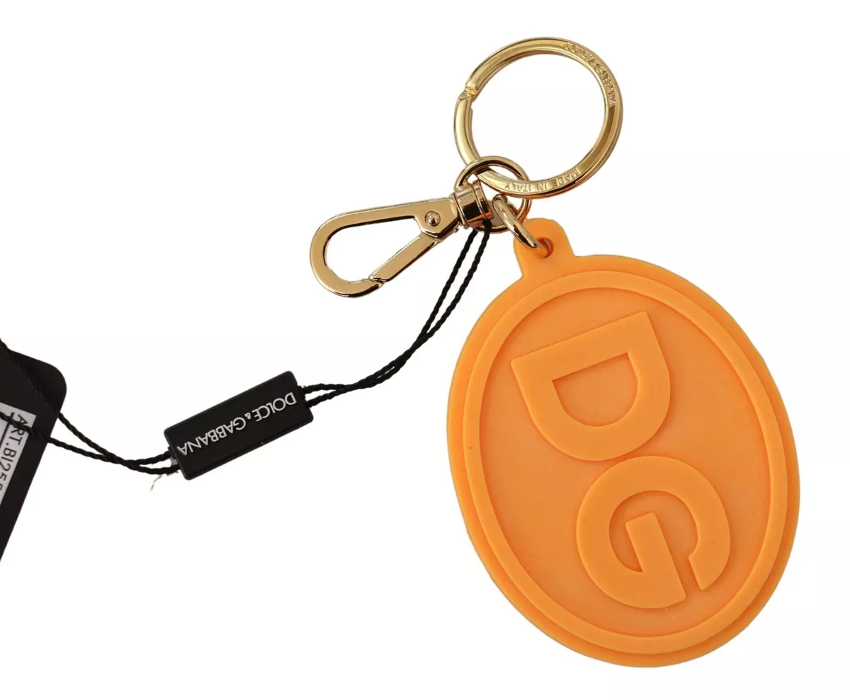 DOLCE & GABBANA Keychain Orange Rubber DG Logo Gold Brass Metal Keyring RRP $250