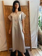 VTG 70s Caftan Kaftan Dress Gray White PinStripe White Silver Embroidery Free R