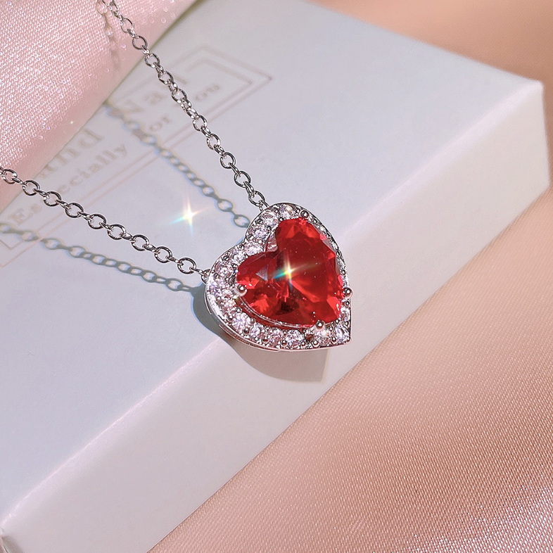 RED STONE HEART NECKLACE-SILVER925-ネックレス Sterling Silver 925 Red Love Heart Gemstone CZ Pendant Necklace 18