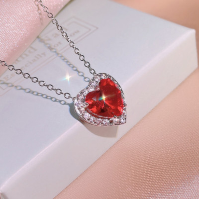 Sterling Silver 925 Red Love Heart Gemstone CZ Pendant Necklace 18