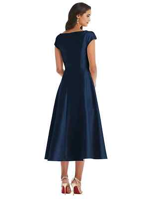 Alfred Sung Midnight Blue Cap Sleeve Satin Midi Cocktail Dress Size 0 $206  D798 | eBay