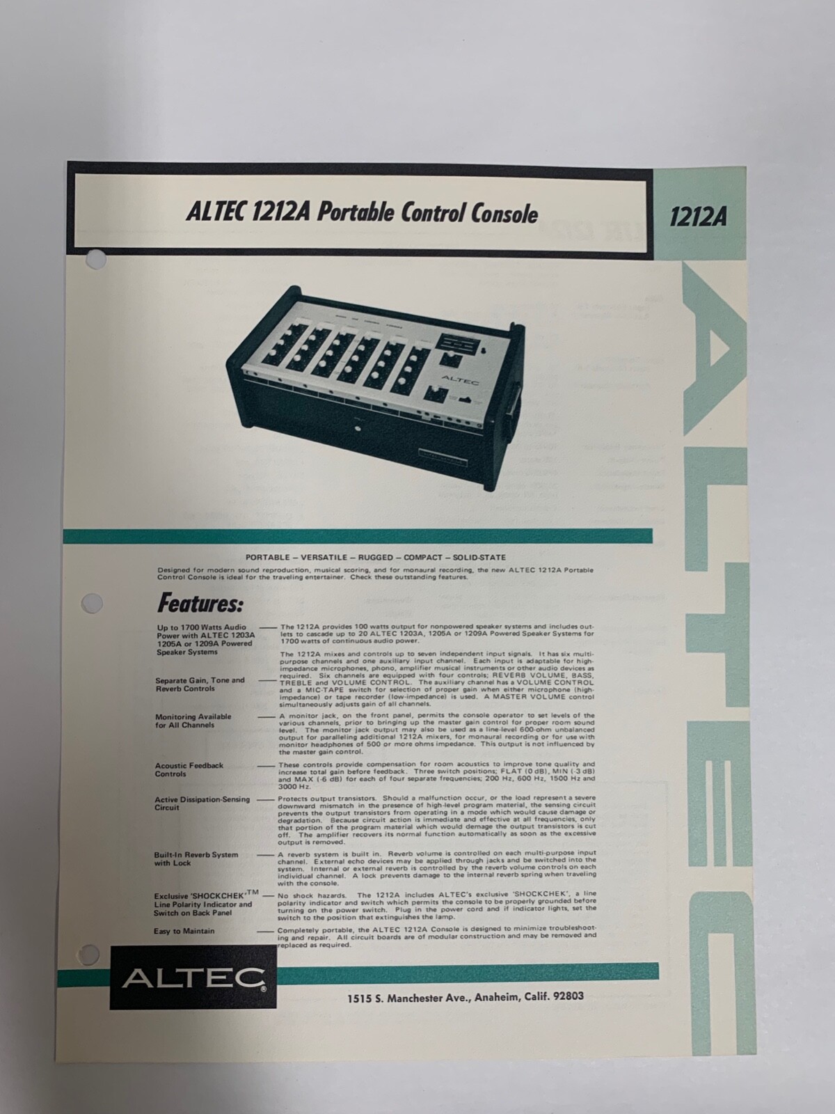 Original Vtg Altec 1212A Portable Control Console Specification Sheet ...