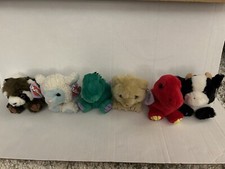 Puffkins Vintage Lot of 6 Plush with Tags 90s Dinosaur Cow Bear Bull Sheep