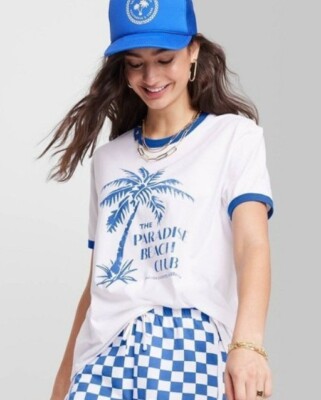 Ascot + Hart Size XXL Women's ''Paradise Beach Club'' T-Shirt Blue & White NEW