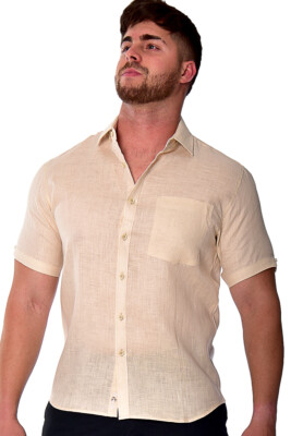 Bohio Mens 100% Soft Linen Beige Shirt -Button Down Casual ( S ~ 2X) - MLS2042
