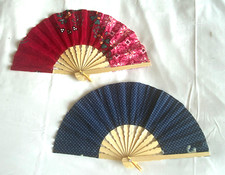 2 Red Tan Fans Hand Bamboo Cloth Handmade Indonesia New Avenico Abenico 628P