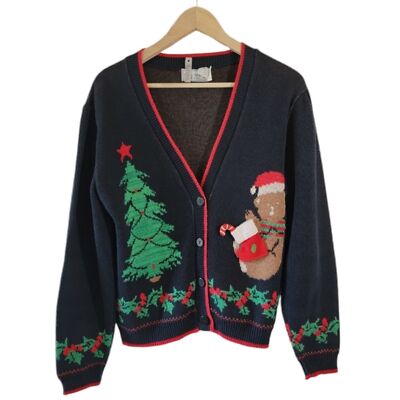VTG Y2K 3-D Santa Xmas Tree Button up Sweater Sz M Black Holidays Grunge Coastal