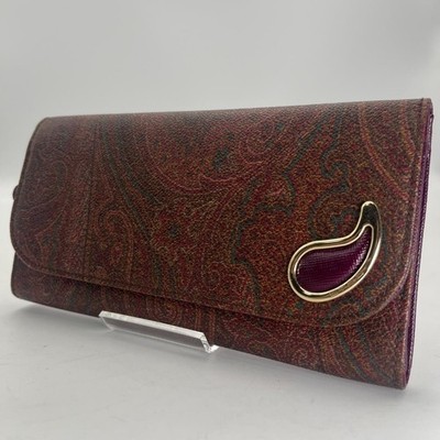 Authentic Etro Long Wallet, Leather, Brown, All-Over Pattern