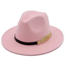 Light Pink Red Fedora Hat, Gold Leaf Band, Stylish Unisex Felt Panama Jazz Cap