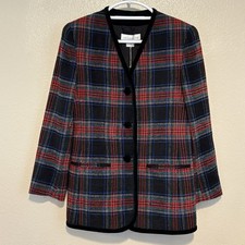 NWT Vtg 90  s Liz Claiborne Blazer Jacket Plaid Red Blue Black Wool Blend 4p