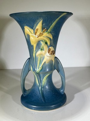 Vintage Roseville Pottery Bermuda Blue Zephyr Lily Double Handle