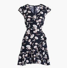J Crew Navy and White Floral Faux Wrap Cap Sleeve Mini Dress Ruffle Hem Size 4