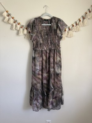 Reset By Jane Angie Smocked Flutter Sleeve Midi Dress Whimsical Goblin Fairy L