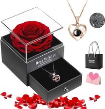 Preserved Red Rose with Heart I Love You Necklace -Eternal Flowers Rose Birthday