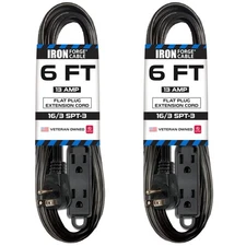 2 Pack of 6 Ft Extension Cords with 3 Electrical Power Outlets - Black Cable