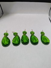 NOS VINTAGE LOT 5 ITALY GREEN CRYSTAL GLASS TEARDROP PRISM CHANDELIER PART 1.5"