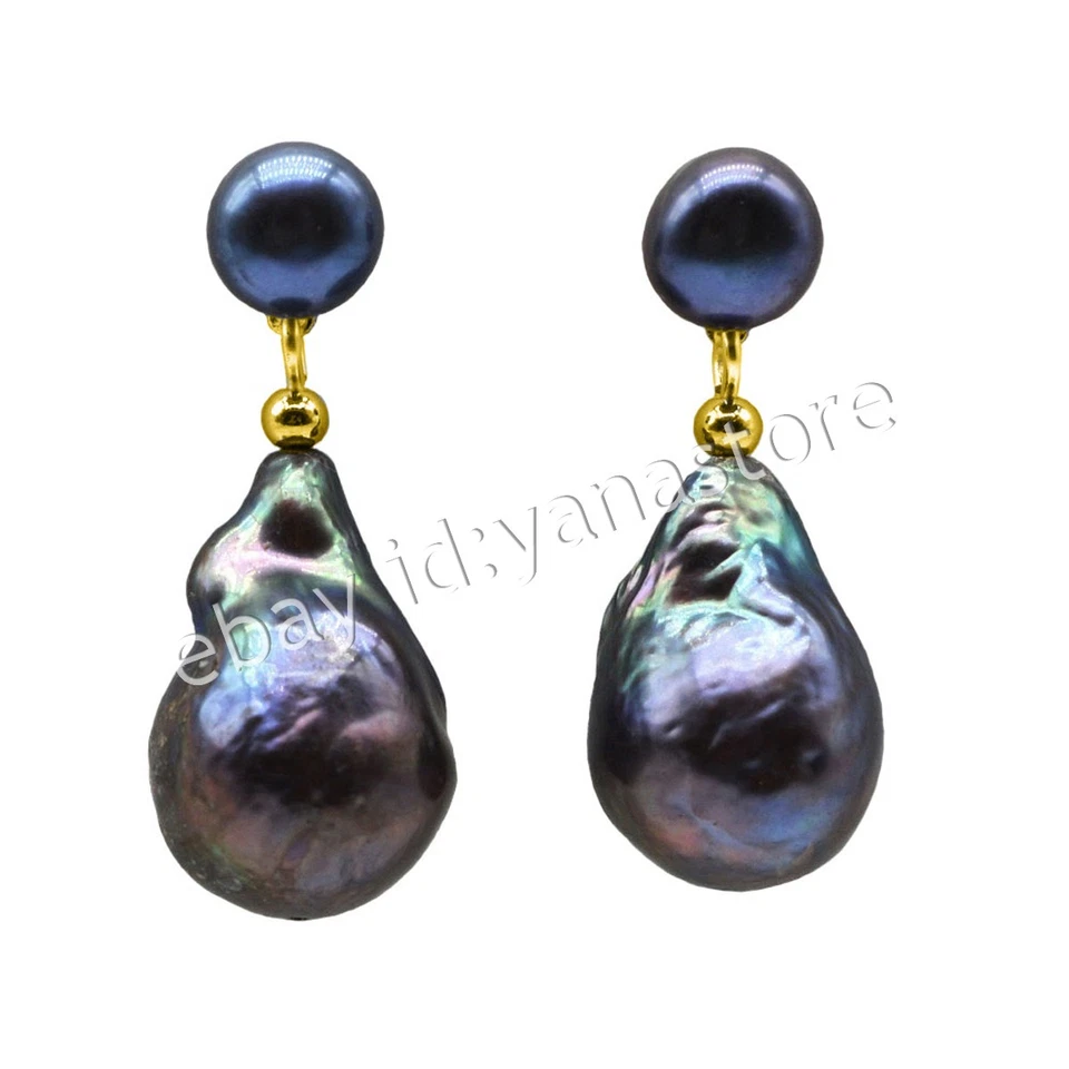 16-20MM ECHTE NATÜRLICH SCHWARZE KESHI BAROCK PERLE BAUMELN OHRSTECKER OHRRINGE - Bild 4 von 4