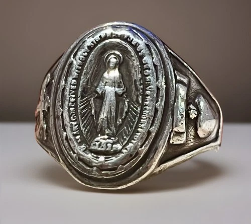 VTG. Sterling Silver Virgin Mary Miraculous Adjustable Signet Ring SZ 9 Unisex