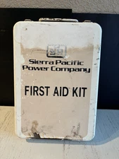 Vintage First Aid Kit Utility Hinged Metal Box Wall Mount & Supplies