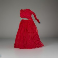 Red Ballroom Dance Dress Womens Large Mesh Performance Costume Built In Leotard