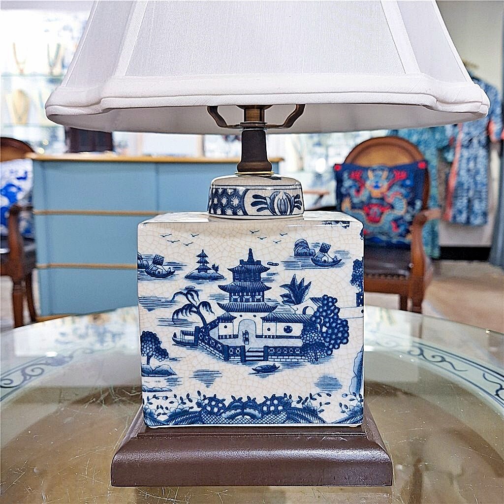 Blue, White Rectangular Box Chinoiserie Lamp. Hand Painted. With Lampshade.