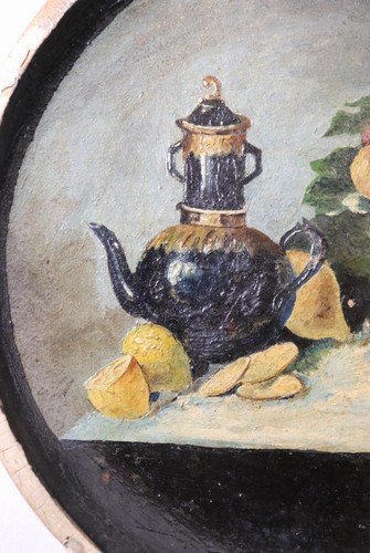 antique hand painted folk Art still life oil painting on stoneware pottery lid - Picture 3 of 11
